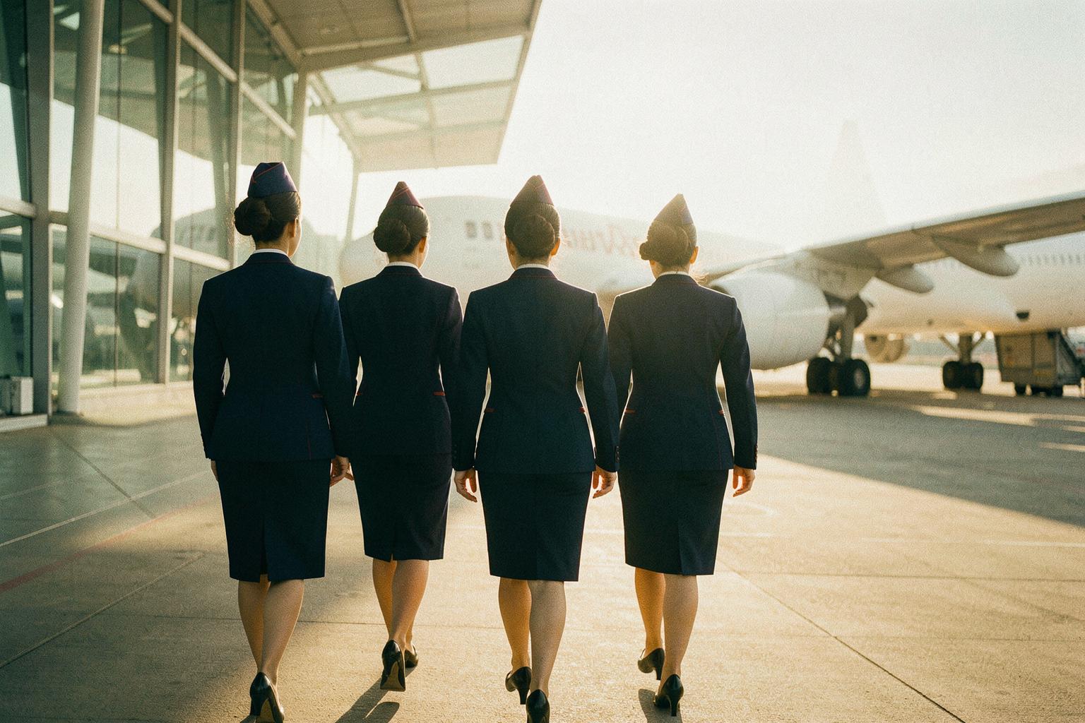 Flight attendants in navy uniforms walk together down a jet bridge