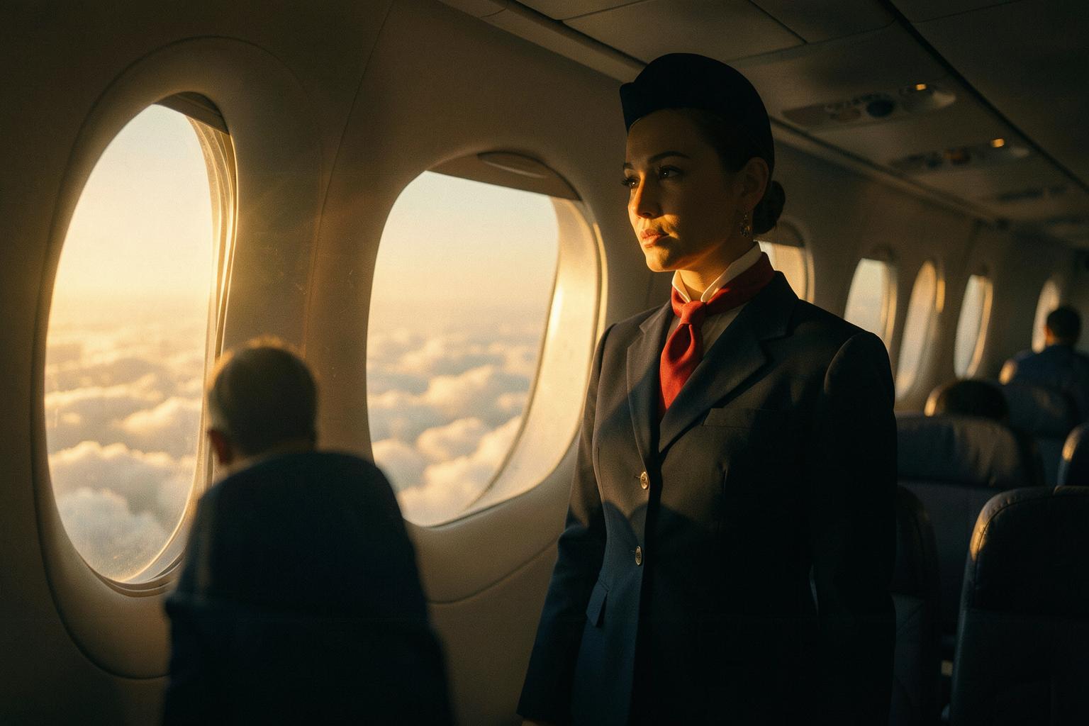 A flight attendant in a deep navy uniform gazes out an airliner window at dawn
