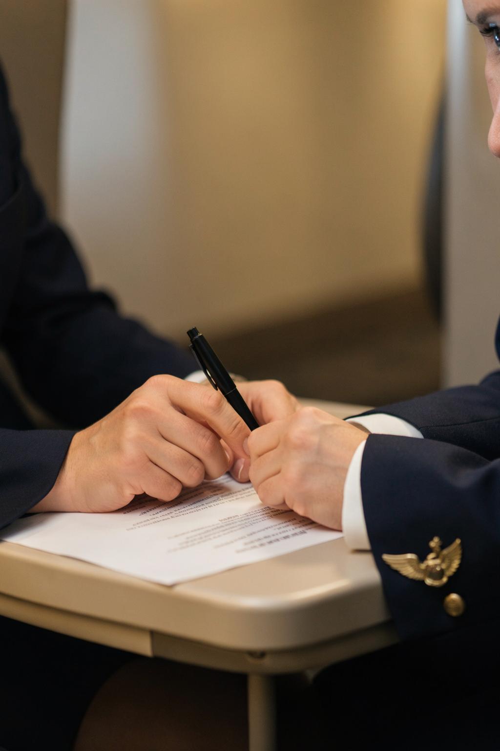A flight attendant signs a document at a galley table